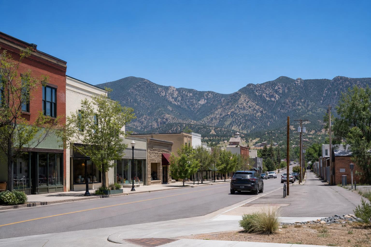 A quiet small-town street with storefronts and parked cars in front of a mountain range under a clear blue sky.